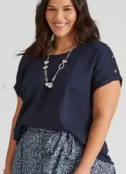Autograph Top Plus Size 26 Tunic Shirt Short/Cap Sleeve Linen Viscose Navy NEW