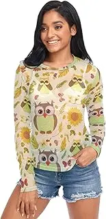 [RPLIFE] Whimsical Owls Long Sleeve Fishnet Top, Sheer See Through Tops for Women S-XXL