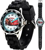 [Accutime] Disney Pixar Cars Lightning McQueen Time-Teaching Kids Clock Watch with Interactive Racing Dial, Black, Pixar Cars Kids Watch