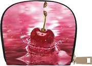 [JEJEA] Red Cherries Print Credit Card Holder Wallet, Small Card Holder Wallet with Zipper,Leather Card Holder, White, One Size