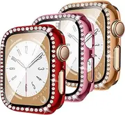 3 Pack Bling Cases for Apple Watch Case 44mm, Hard PC Crystal Diamond Protective Bumper with Built in Tempered Glass Screen Protector for iWatch Series 6 5 4 SE, Red/Rose Pink/Rose Gold