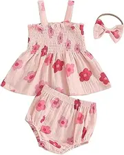 [Kayotuas] Infant Baby Girl Summer Clothes Floral Halter Sleeveless Tank Top Ruffle Shorts Cute Bow Headband 3 Piece Outfit Set (Retro Flower Pink, 12-18 Months), Retro Flower Pink, 12-18 Months