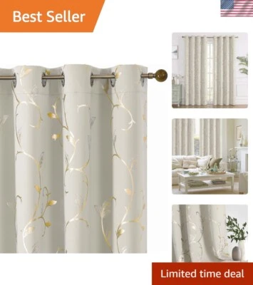 Elegant Gold Foil Print Room Darkening Drapes, 52Wx84L, Noise Reducing