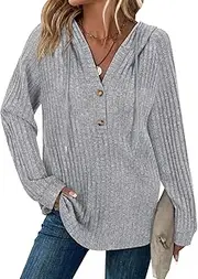 Hoodies for Women Ladies Jumpers Long Sleeve Tops Drawstring Button V Neck Casual Pullover Sweatshirt Spring Autumn Winter Tunic Clothes
