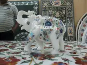 8'' White Marble Elephant Trunk Up Sculpture Lapis Floral Inlay Show Piece Decor
