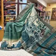 Cadet Blue Hand Painted Pure Gachi Tussar Silk Saree