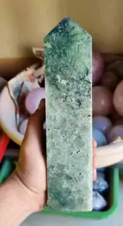 Prehnite Obelisk Tower 240mm, Quartz Crystal Wand Point, Reiki Healing Gem