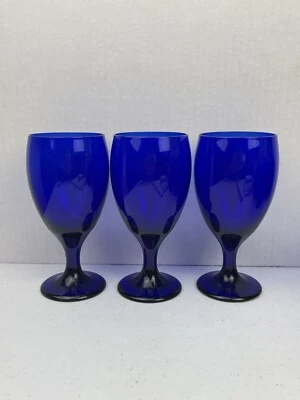 Libbey Cobalt Blue Goblet Glasses Tulip-Shape Footed Sets Of 3 NEW MADE IN USA