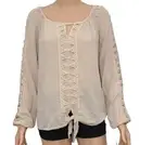 XOXO Top Blouse Women’s Size M Ceam/ Tan Front Tie Long Lace Sleeve