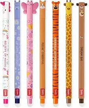 LEGAMI - Set of 7 Erasable Gel Pens with Thermosensitive Erase Ink, Range of ink colours & barrel designs, 0.7mm Tip, Unicorn, Hippo, Butterfly, Corgi, Tiger, Giraffe, Teddy Bear Designs