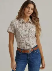 Wrangler Ladies Essential Short Sleeve Plaid Western Snap Top In Cream Plaid-112