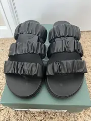 LOGO Lori Goldstein Chloe Leather Elastic Strap Footbed Sandal Women 7 Black