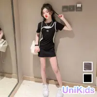 在飛比找momo購物網優惠-【UniKids】中大童裝鏤空短袖洋裝 韓女團潮流風貼身連身