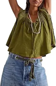 [YANGCHA] Women Ruffle Tie Front Babydoll Tops Summer Flowy Short Sleeve Peplum Top Boho Y2k Loose Fit Going Out Peasant Blouse