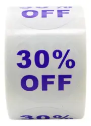 16 Rolls of "30% OFF" Discount Labels (500 labels/roll, 1.5" diameter) BPA Free!