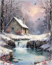 Landscape Paint by Numbers Kit for Adults - DIY Snowy Cabin with Waterfall Painting on Canvas 16x20 Inches, Acrylic Paint Set, Suitable for Beginners, Winter Art for Home Decoration or Gifts