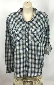 Everly Boutique / Long Tab Sleeve Button Front Plaid Blue Blouse Top / Size L