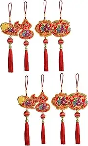 Amosfun 2 Sets 4 Pcs Hot Stamping Year Tassels Flocked Cloth Pendants Car and Bag Shape Red Packet Present