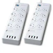 Sansai 2 pack 8 Way Surge Protected Power Board with USB White