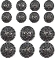 14 Piece Antiqued Black Silver Metal Blazer Button Set - Crown - for Blazer, Sui