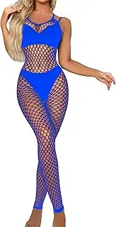 [Generic] Women Mesh Sheer Mesh Stockings Strap Lingerie V Neck Chemise Silk Socks Sleepwear Sexy Exotic Cut-Out Negligee 2PC, Blue, Medium