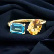 925 Sterling Silver 8x6mm Oval Shape Natural Blue Topaz Citrine Toi Et Moi Ring