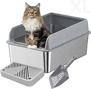 Stainless Steel Cat Litter Box XL,Enclosed Design with Lid, High Sides & Footboard,Metal Litter Box Easy Clean Large Litter Pan for Multiple Cats/Kittens with Scoop
