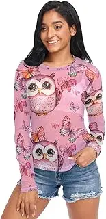 [RPLIFE] Adorable Watercolor Owls Pink Long Sleeve Mesh Tops for Women, Sheer Sleeve Tops for Women S-XXL