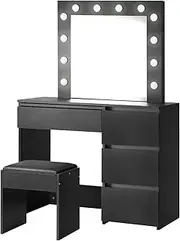 OIKITURE Vanity Table with 12 Light Bulbs Mirror - Makeup Dressing Table Adjustable 3 Colours & 10 Brightness, with 4 Drawers Soft Cushioned Stool, for Bedroom Studio, Black
