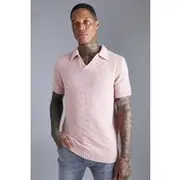 Mens Mauve Open Weave V Neck Revere Textured Polo