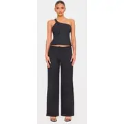 Black Woven Tailored Wide Leg Belt Detail Pants, Black