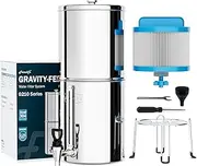 Frizzlife G210-PROX 0.01μm 5-Stage Gravity Water Filter System, Certified Reduce Lead, Chlorine, Stainless Steel Countertop System with Stand for Home, Outdoor, 2.25 Gallons