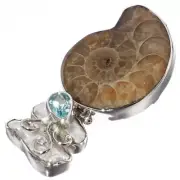 925 Silver Sale Biwa Pearl Ammonite Fossil Blue Topaz Sliding Pendant, ! 2"