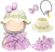 Doll Clothes Compatible with Labubu 17cm Plush Dolls，Purple Sweet Doll Clothes Accessories Set with 1 Checkered Bow Strap Dress 1 Hat 1 Bow Hair Clip 1 Ice Cream Decoration for Girls Birthday, No Doll