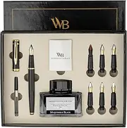 [Wordsworth & Black] Calligraphy Pen Gift Set, Includes Ink Bottle, 6 Ink Cartridges, Ink Refill Converter, 6 Replacement Nibs, Premium Package, Journaling, Smooth Writing Pens [Black Gold]