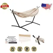 Elegant Double Hammock with Space-Saving Steel Stand - Beige Stripe Design