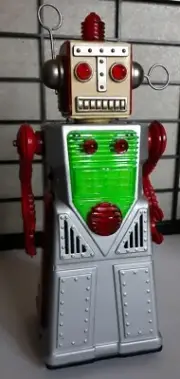 Chief Robotman Robot SILVER Tin Toy Battery Operated Robot HAHA TOY COMPANY
