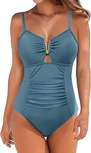 [AI'MAGE] One Piece Swimsuit for Women Ruched Tummy Control Bathing Suit V Neck Slimming Swimsuits with Adjustable Straps
