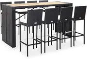vidaXL Outdoor Bar Set - 9-Piece, Poly Rattan and Acacia Wood, Black - Includes Table, Bar Chairs and Cushions for Patio, Garden, Deck, Black/Cream