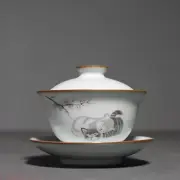 Ru Kiln Cute Cat Travel Teapot Ceramic Cover Bowl Tea Tureen Teacup Hand Grasp
