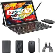 Android 15 Tablet, 10 Inch 18GB RAM+128GB ROM/2TB Expandable Tablet PC, Quad-core 2.0GHz Processor, 1280*800 10" HD Touch Screen, 2.4G/5G WiFi 6 BT 5.0, 2 in 1 Tablets with Keyboard Case Mouse Stylus