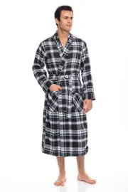 Men's Flannel Fleece Robe | Soft Cotton Shawl Collar Full Length Plaid Robe (...