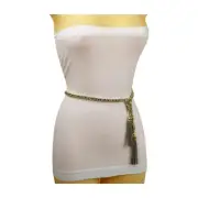 Women Gray Fabric Gold Chain Link Narrow Strap Hip Waist Belt Long Tassel S M
