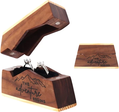 Engagement Ring Box -Rustic Ring Box- Solid Wood Double Ring Bearer Box-Engraved