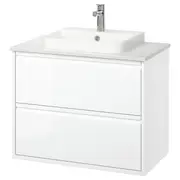 ÄNGSJÖN / BACKSJÖN wash-stnd w drawers/wash-basin/tap, high-gloss white/white marble effect, 82x49x71 cm
