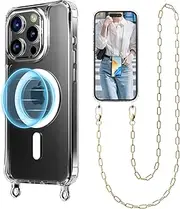 UnnFiko Crossbody Phone Lanyard for iPhone 16 Plus Case Compatible with Magsafe Clear, Metal Phone Strap Phone Case Shockproof Protection, Magnetic Phone Case for iPhone 16 Plus(Gold Lanyard)