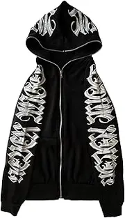 [PLAYPUNK] Rhinestone Skeleton Spider Zip Up Hoodie Y2k Oversized Skull Sweaters for Women Men Harajuku Grunge Punk Streetwear