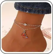 [Cybche] Boho Layered Rhinestone Butterfly Anklet Bracelet Black Enamel Butterfly Pendant Anklet Summer Beach Small Crystal CZ Foot Chain Jewelry for Women