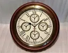16" Wooden Antique Designer Wall Clock With World Time For 5 Countries, Vintage