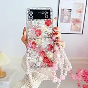CrazyLemon for Samsung Galaxy Z Flip 4 Case Floral Glitter with Crossbody Strap, Luxury Sparkly Bling Rhinestone Cute Red Flowers Design Clear Hard PC + Silicone TPU Shockproof Cover for Women Girls